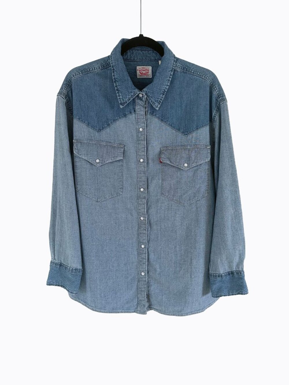 Levi's Teodora 2 Tone Western Denim Blue Shirt 1X Pearl Snap Cowgirl Shacket 90s